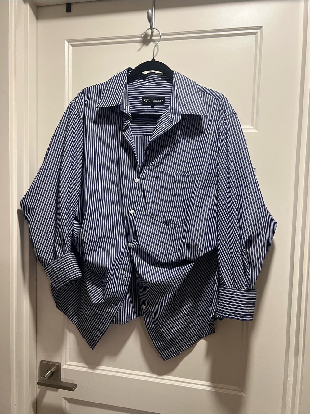 Zara Navy and White Vertical Stripe Dress Shirt